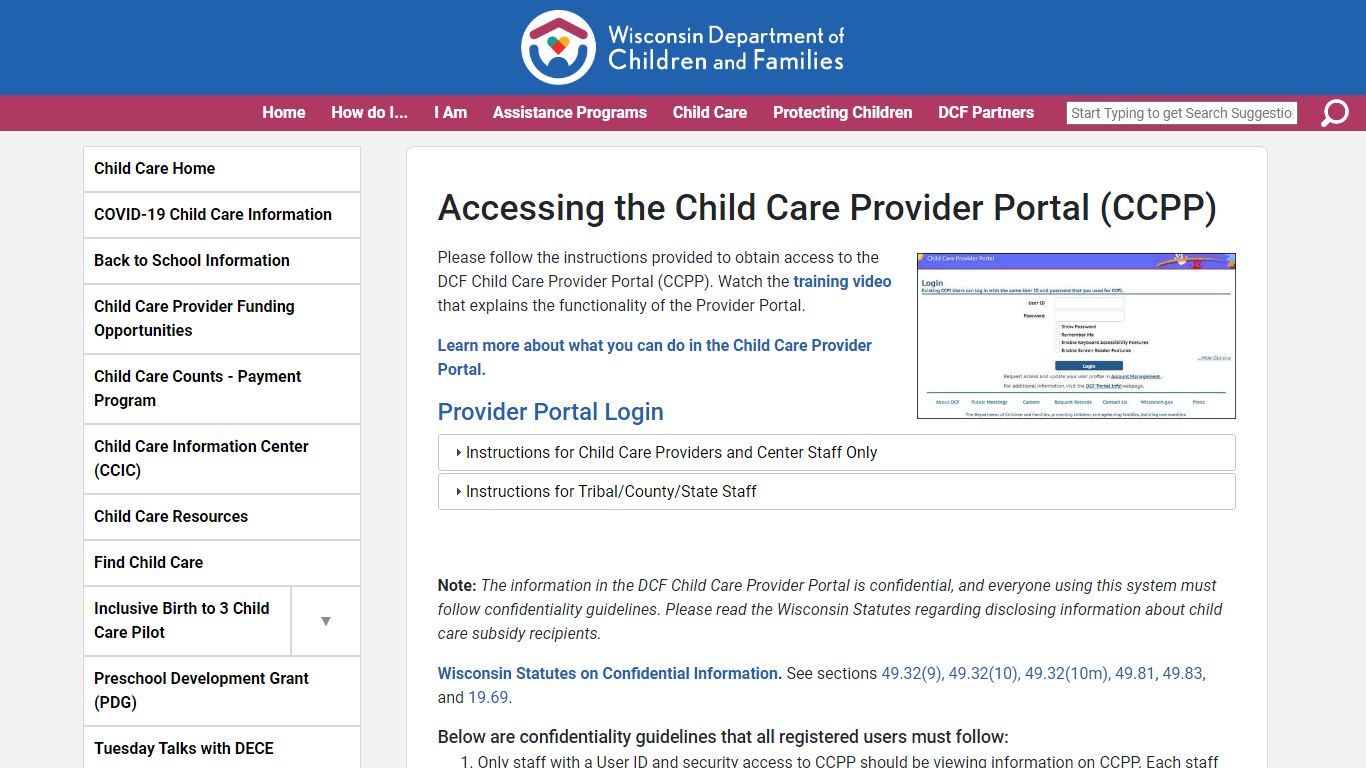 Child Care Provider Portal - Login Access Information - Wisconsin